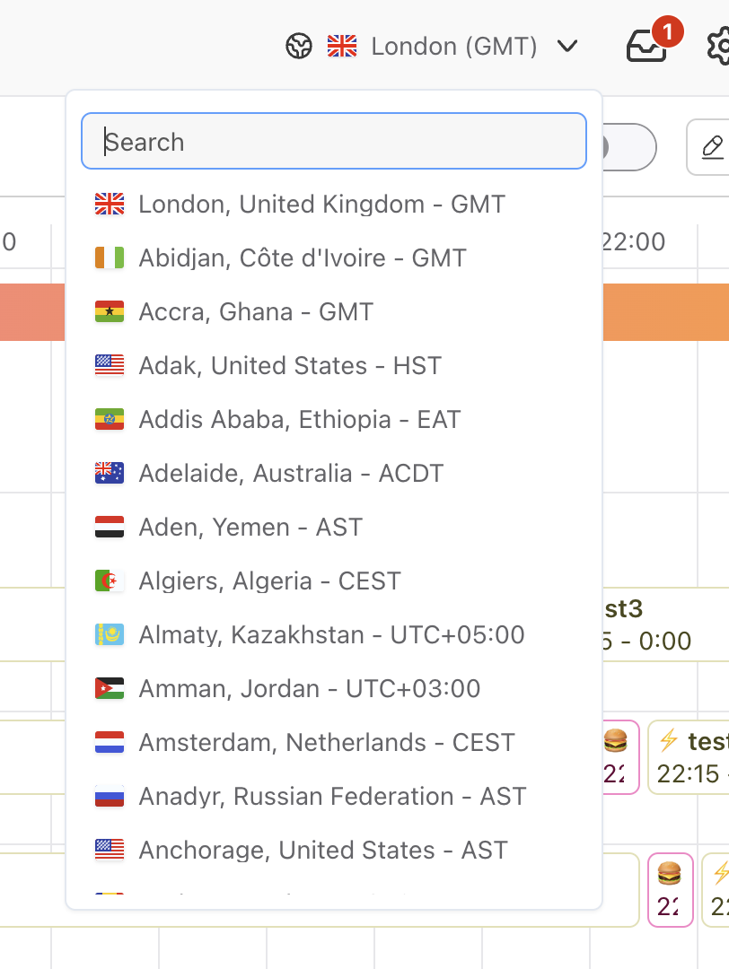 Dropdown menu displaying various cities and their corresponding time zones for selection.